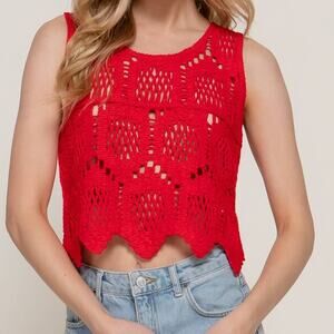 Sleeveless Round Neck Cotton Crochet Crop Tank Top Red